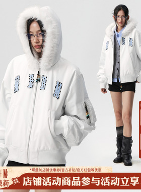 MEDM 动物纹彩色贴皮休闲毛领棒球服棉服高级感保暖夹克棉衣秋冬