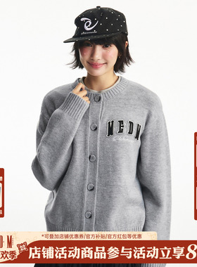 MEDM 双层贴皮豹纹四字字母休闲保暖开衫毛衣通勤百搭男女针织衫