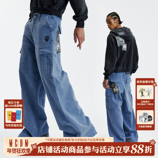 MEDM 经典天使做旧贴布休闲直筒长裤春秋美式街头男女工装拖地裤