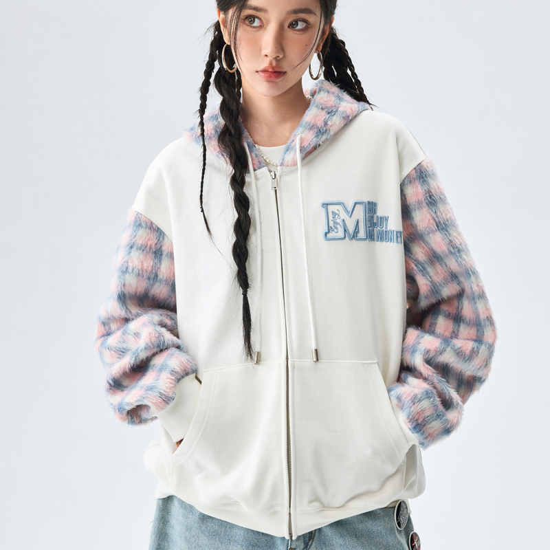 MEDM毛毛格子拼接拉链卫衣