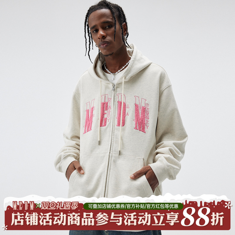 MEDM美式基础毛巾绣拉链开衫连帽卫衣男潮牌秋季复古情侣帽衫外套