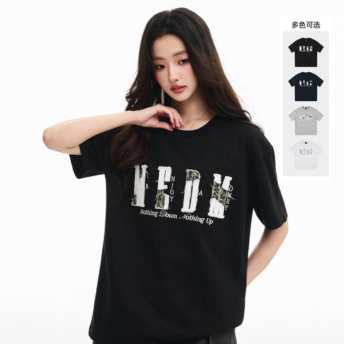 MEDM 撞色贴布破坏字母logo绣花休闲圆领短袖潮流百搭宽松情侣T恤