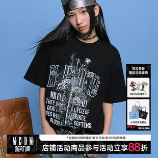 宽松圆领上衣夏季 美式 体恤 t恤男女同款 MEDM25SS剑与玫瑰彩钻短袖