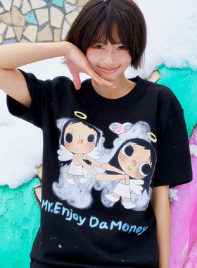 MEDM×YUY玉联名-天使印花爱心刺绣休闲圆领短袖夏季可爱宽松T恤