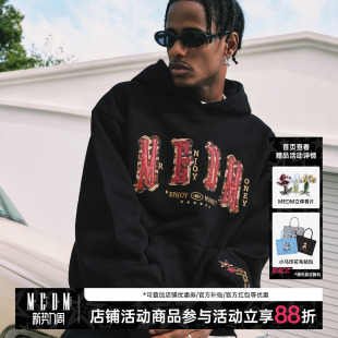 街头宽松情侣加绒帽衫 马毛贴皮四字连帽休闲卫衣美式 秋 新品 MEDM