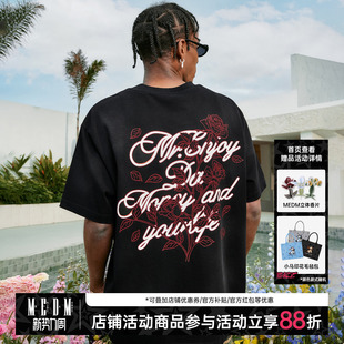 宽松圆领上衣t 休闲T恤男女夏季 MEDM 25SS线条树枝玫瑰花水洗短袖