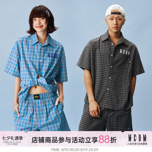 MEDM美式复古刺绣格纹短袖衬衫