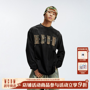 情侣宽松圆领打底衫 T恤美式 上衣 撞色领口毛边贴布字休闲长袖 MEDM