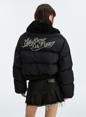 【夜猫捡漏】MEDM 后背花体钉珠毛领短款棉服保暖潮流女款棉衣冬