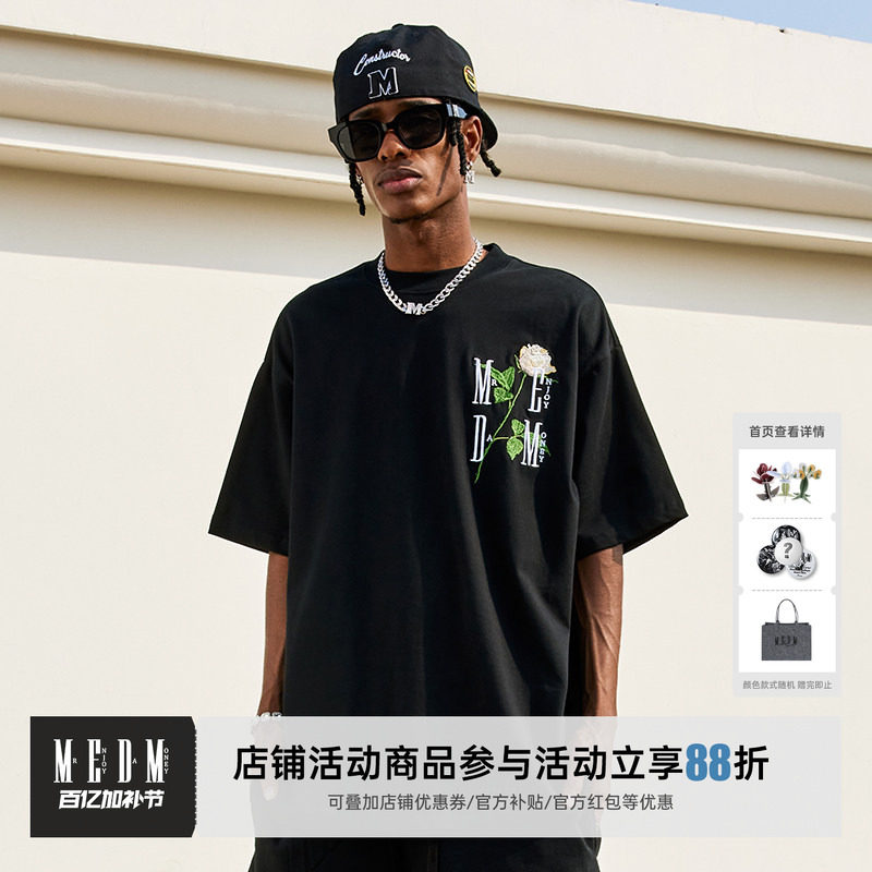 MEDM 玫瑰花立体刺绣美式街头休闲圆领短袖夏季潮牌情侣宽松t恤男