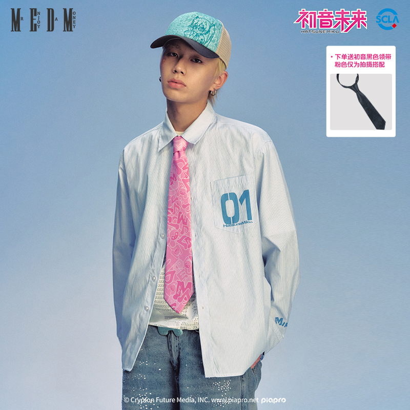 MEDMx初音未来条纹音符长袖衬衫新款国潮设计感宽松休闲男款上衣