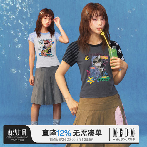 MEDMxYAD联名 猫狗大作战印花图案插肩T恤可爱字母立体宽松短袖女