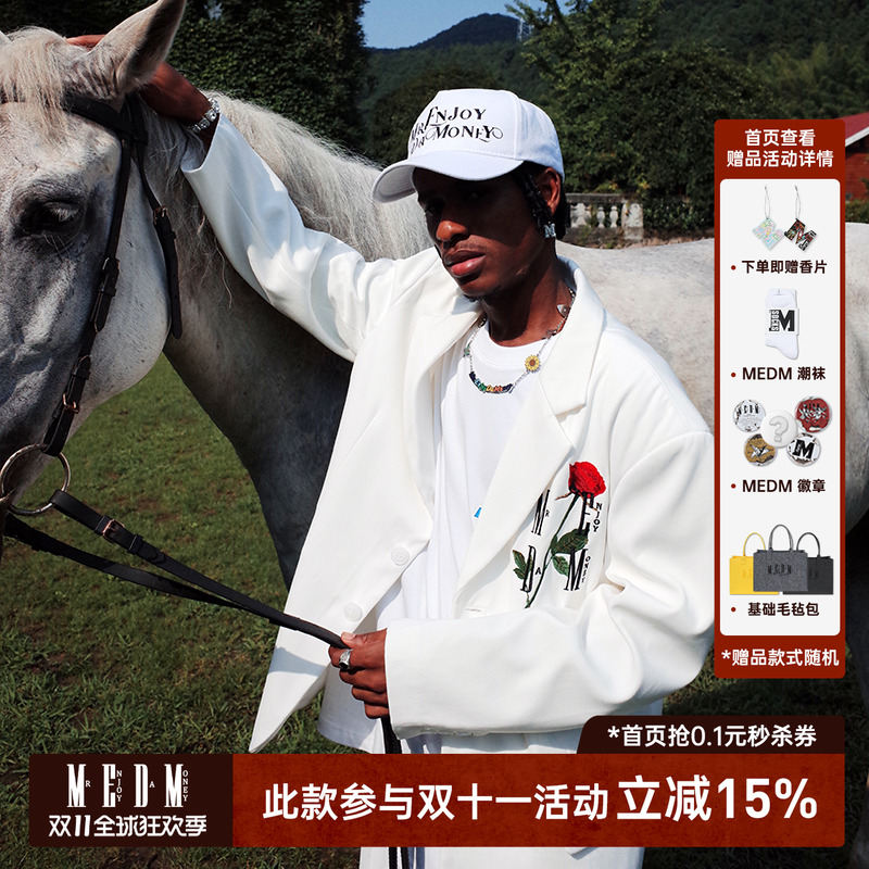 MEDM 潮牌秋季美式休闲西装外套男女情侣装玫瑰刺绣宽松西服上衣