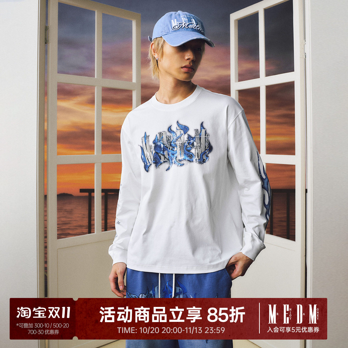 MEDM 骷髅天使印花长袖T恤男哥特风字体撞色街头穿搭圆领上衣女潮