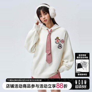 MEDM 纯色简约领带帽绳宽松连帽毛衣男休闲针织衫女春秋情侣上衣