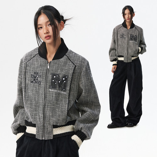 小香风毛呢棒球领休闲立领夹克