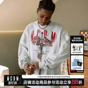 上衣美式 MEDM 秋季 T恤男女同款 复古休闲情侣体恤 玫瑰与剑水洗长袖