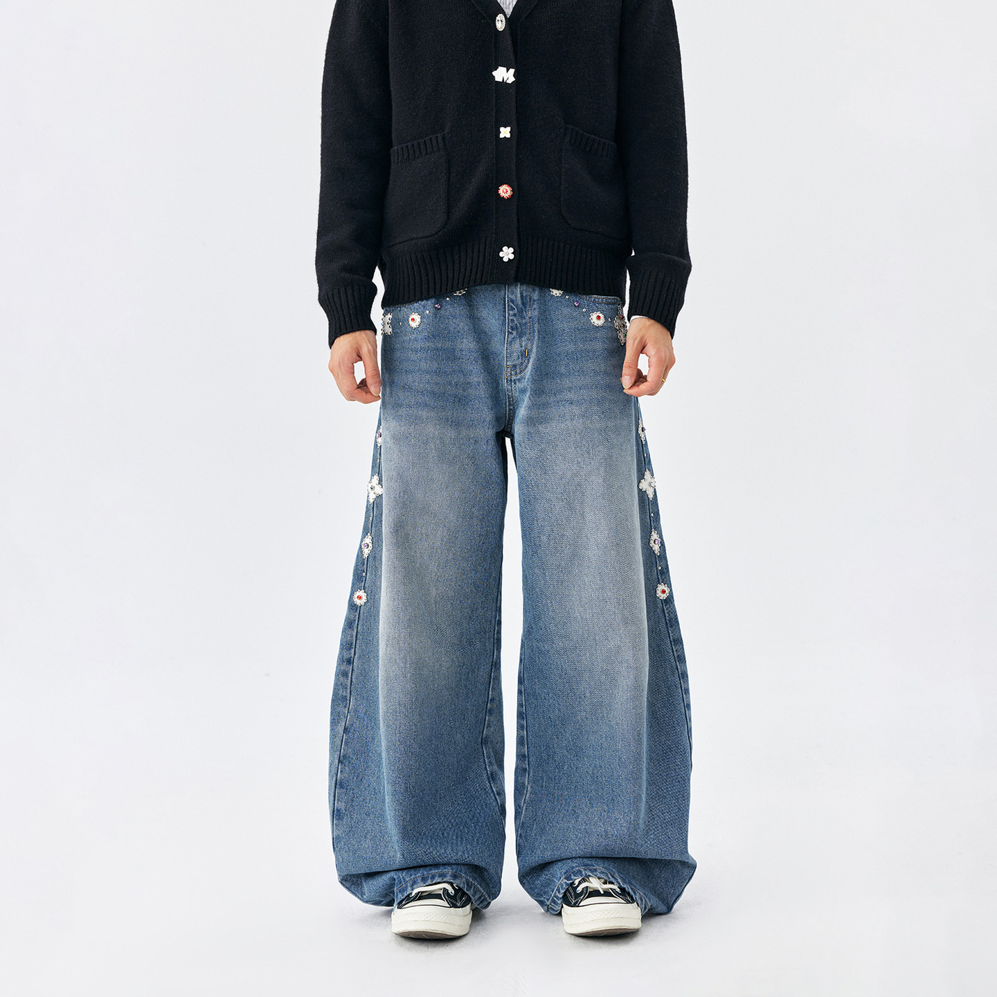 MEDM 拼皮宝珠拖地牛仔裤新款秋美式高街宽松男女直筒长裤休闲裤