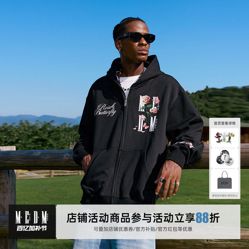 MEDM折纸花卉拉链刺绣印花帽衫美式开衫卫衣春秋男女同款情侣外套