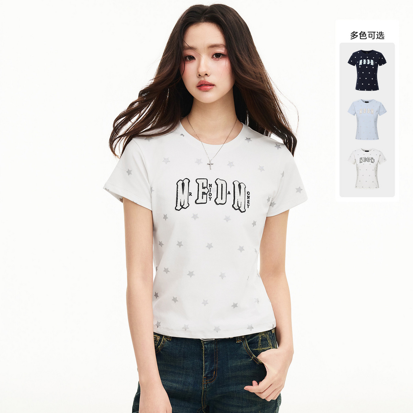 MEDM小香风闪粉星星印花短袖T恤图片