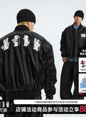 MEDM 黑色拼皮宝珠MA1休闲棒球领夹克秋冬季美式潮流男女拉链外套