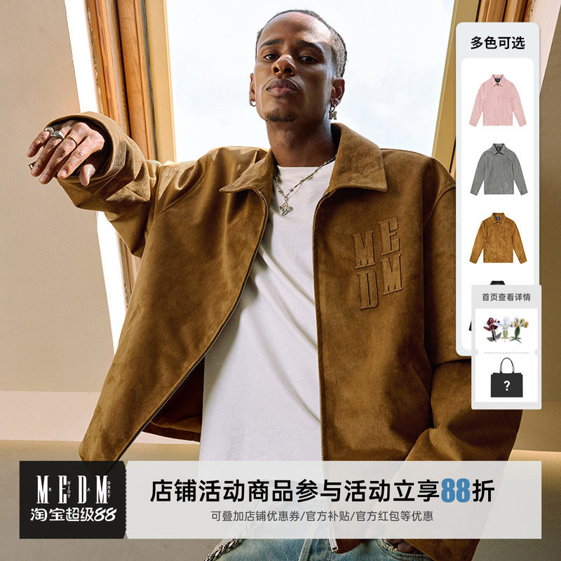 MEDM 麂皮绒贴布绣休闲翻领夹克男美式复古外套春秋季短款上衣服