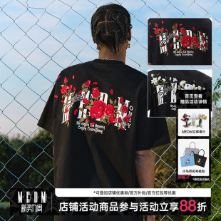 男潮牌情侣款 设计感休闲短袖 上衣 美式 MEDM25SS玫瑰刺绣T恤女夏季