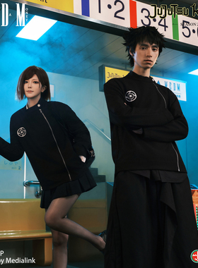 MEDM×咒术回战联名-黑色刺绣logo斜拉链校服夹克帅气高领外套潮