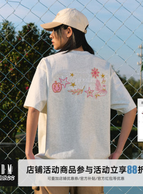 MEDM25SS闪粉金线刺绣短袖T恤男2025新款美式嘻哈宽松休闲半袖tee