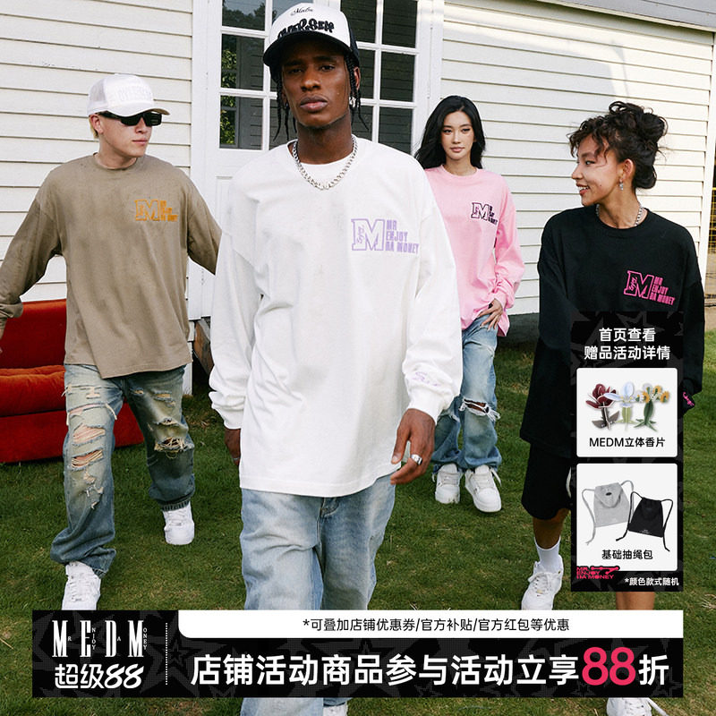 MEDM国潮秋季刺绣多色长袖T恤男oversize体恤衫宽松休闲百搭上衣