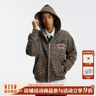 男女宽松连帽开衫 美式 卫衣秋 豹纹华夫格贴皮绣休闲拉链帽衫 MEDM