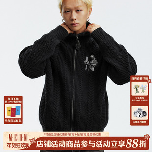 MEDM 粗坑条玫瑰花刺绣休闲保暖拉链毛衣美式男女高领针织衫外套