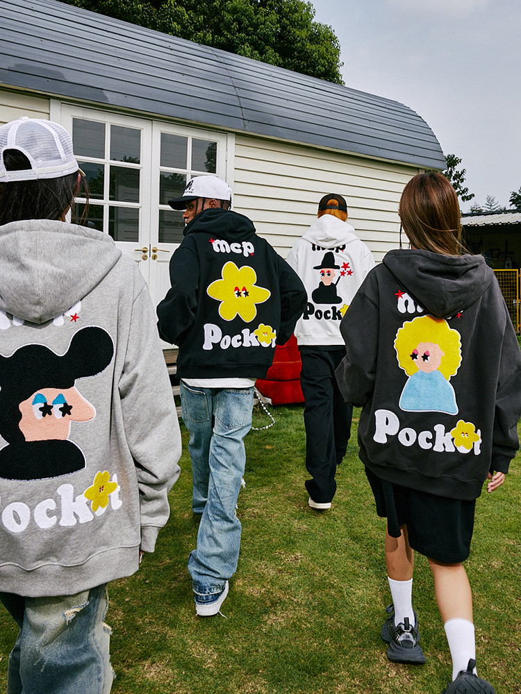 MEDM MCP 시리즈 파트너 지퍼 까마귀 남성 가을 패치 워크 자수 느슨한 커플 후드 스웨트 셔츠 재킷