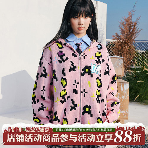 MEDM满图类豹纹开衫连帽毛衣