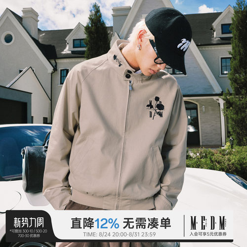 MEDM黑玫瑰花哈灵顿高领休闲夹克