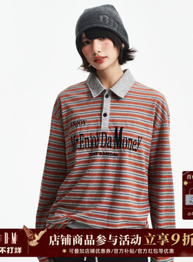 MEDM 破洞做旧休闲长袖翻领poloT恤复古做旧字母刺绣拼色宽松上衣