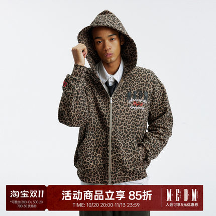 MEDM 豹纹华夫格贴皮绣休闲拉链帽衫美式男女连帽开衫加绒卫衣秋