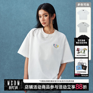 休闲打底衫 美式 MEDM字母刺绣T恤男女款 宽松上衣服tee 明星同款