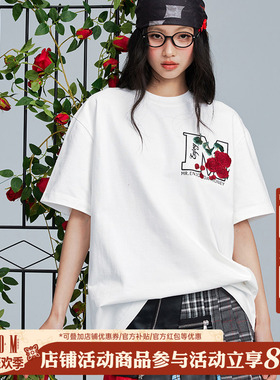 MEDM25SS大M玫瑰花卉短袖T恤男2025新款美式夏季上衣潮牌休闲体恤