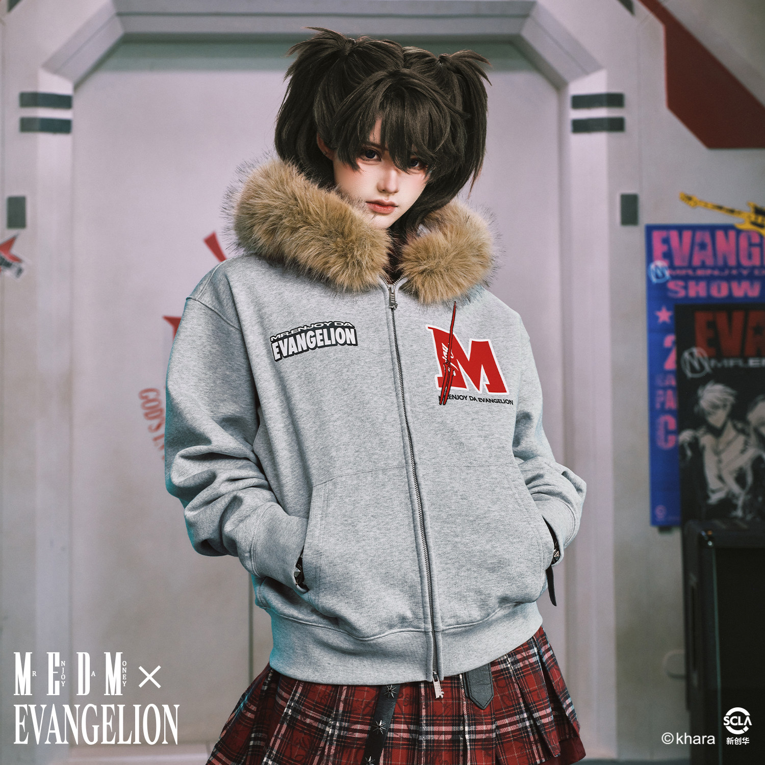 MEDMxEVA联名莉莉丝毛领款拉链连帽卫衣开衫美式休闲情侣外套男冬