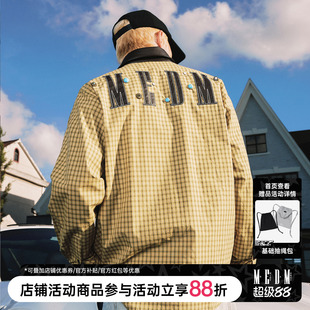 MEDM pu领子格子古铜扣子休闲衬衫早秋格纹复古宽松翻领情侣衬衣