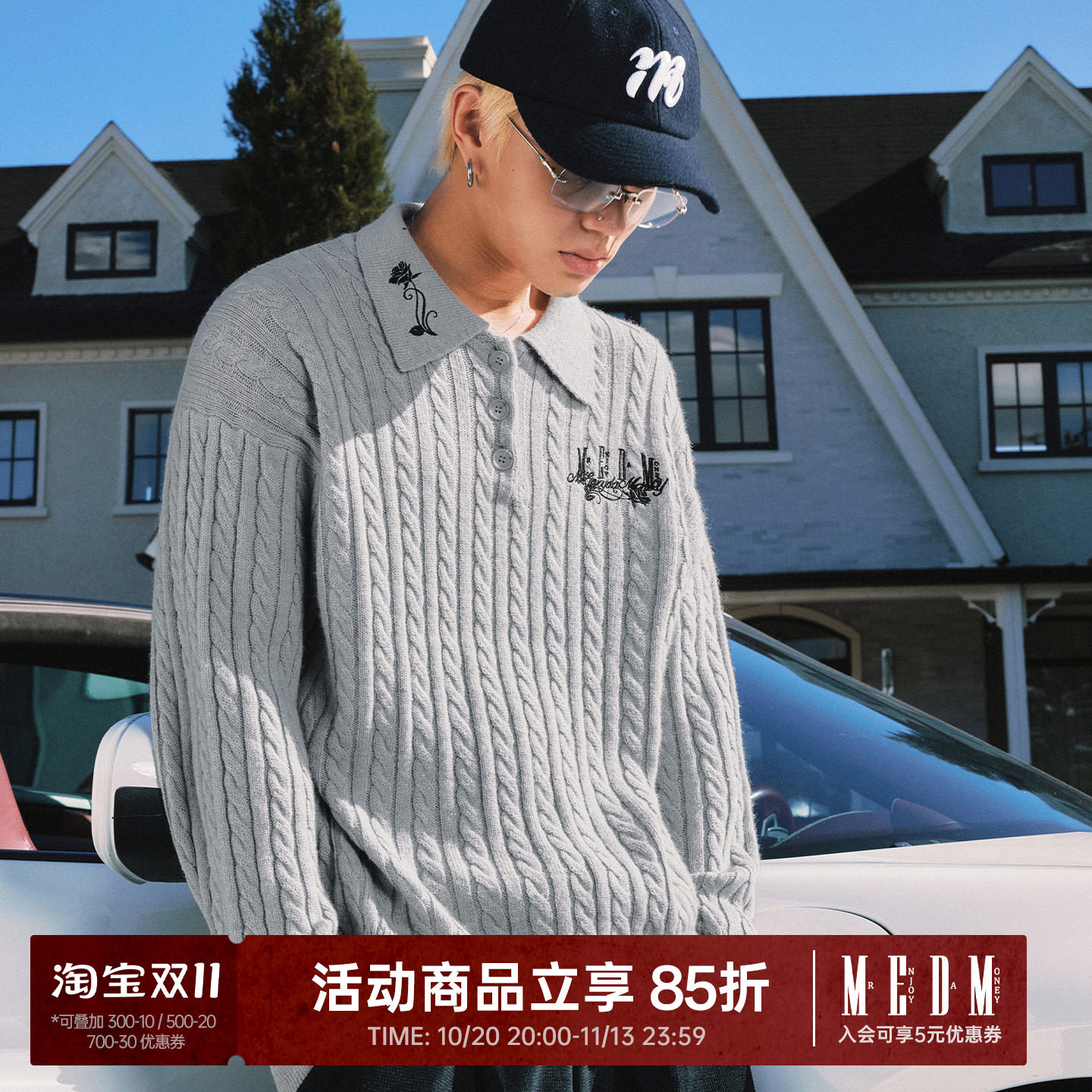 MEDM 扣子毛线毛衣玫瑰刺绣休闲长袖polo衫美式慵懒风情侣上衣秋