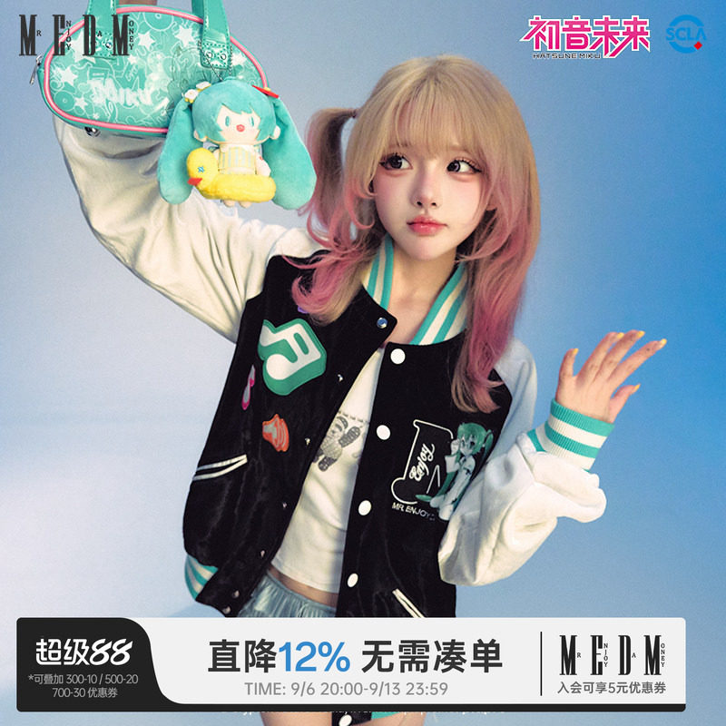 MEDMx初音未来音符丝绒棒球服男潮牌美式嘻哈休闲短款外套女春秋