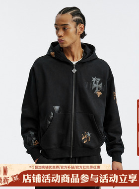 MEDM 豹纹拼皮休闲拉链连帽卫衣男美式街头嘻哈情侣加绒帽衫秋冬