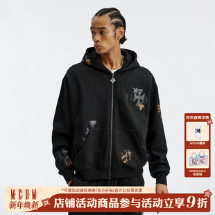 秋冬 街头嘻哈宽松情侣帽衫 MEDM 豹纹拼皮休闲拉链连帽卫衣男美式