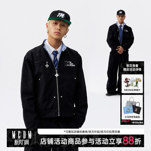 MEDM 街头百搭男女宽松翻领外套秋 纯色拼格纹休闲拉链夹克25新款