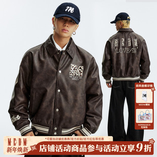 MEDM 街头男女保暖夹棉翻领外套 双层皮双领pu休闲棒球服皮衣美式