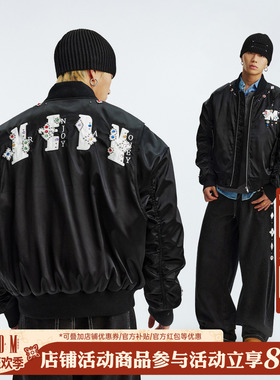 MEDM 黑色拼皮宝珠MA1休闲棒球领夹克秋冬季美式潮流男女拉链外套