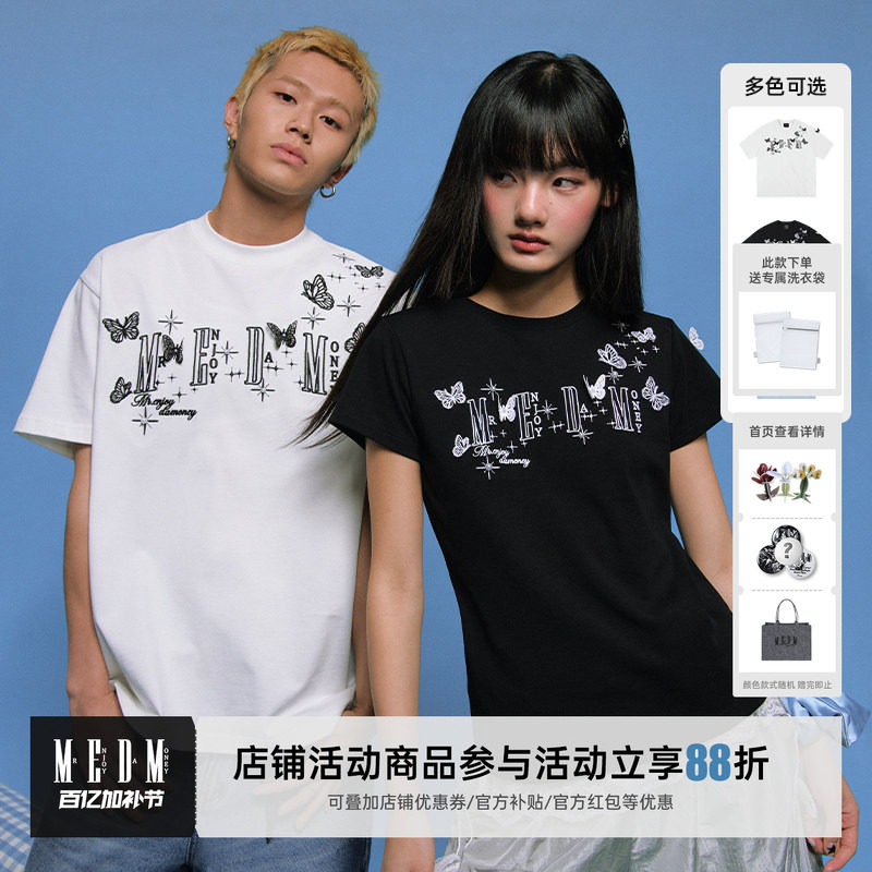 MEDM立体蕾丝蝴蝶短袖T恤男女同款情侣装夏季潮牌美式休闲体恤tee