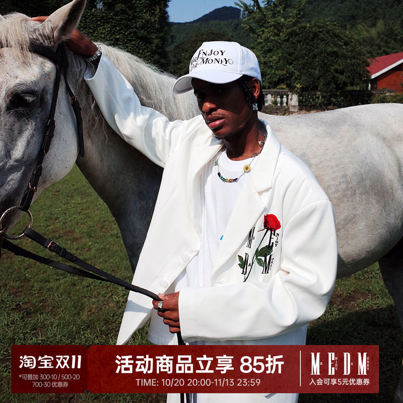 MEDM 潮牌秋季美式休闲西装外套男女情侣装玫瑰刺绣宽松西服上衣